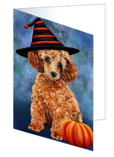 Happy Halloween Poodle Dog Wearing Witch Hat with Pumpkin Handmade Artwork Assorted Pets Greeting Cards and Note Cards with Envelopes for All Occasions and Holiday Seasons GCD68705