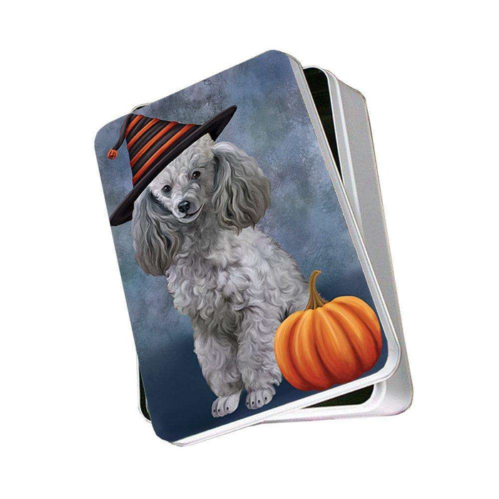 Happy Halloween Poodle Dog Wearing Witch Hat with Pumpkin Photo Storage Tin