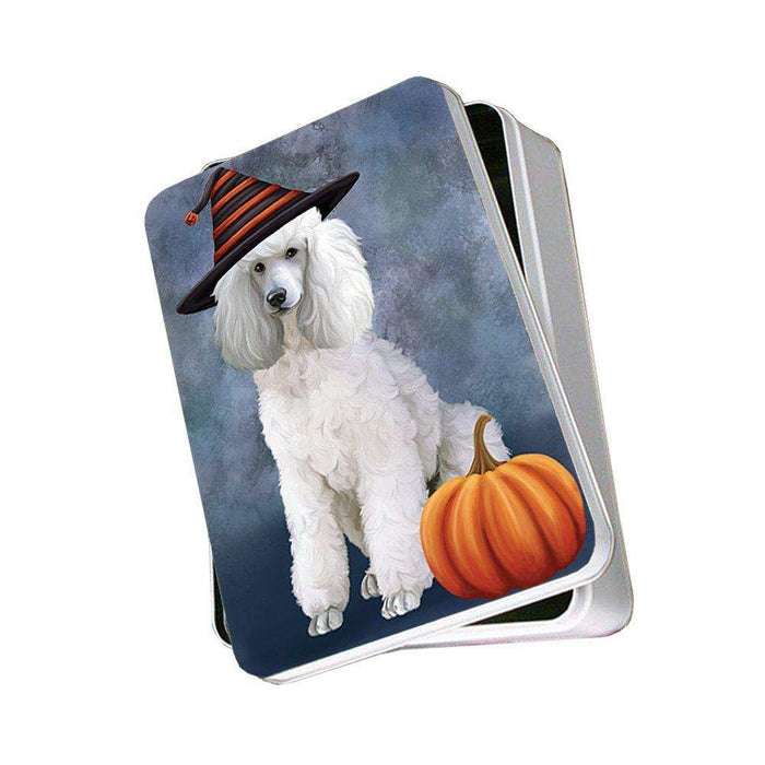 Happy Halloween Poodle Dog Wearing Witch Hat with Pumpkin Photo Storage Tin