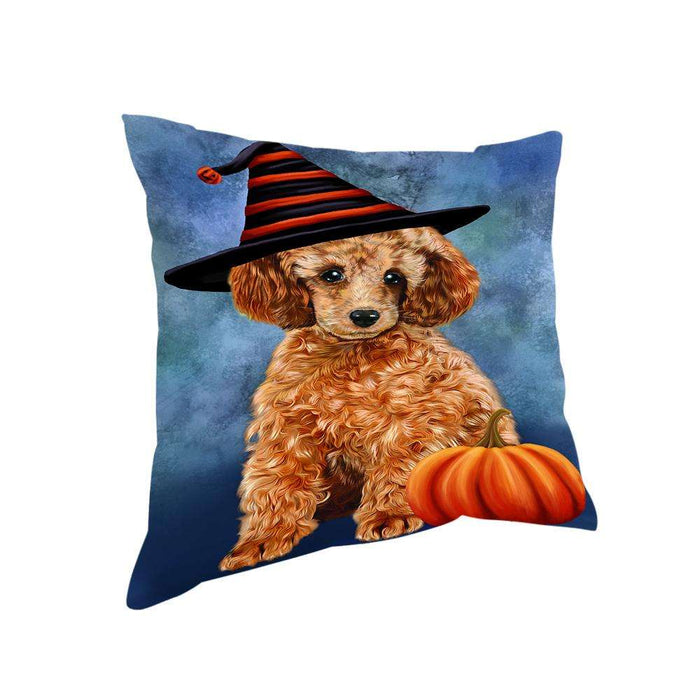 Happy Halloween Poodle Dog Wearing Witch Hat with Pumpkin Pillow PIL76192