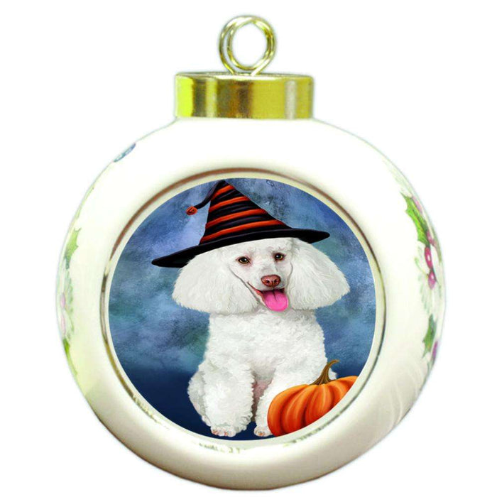 Happy Halloween Poodle Dog Wearing Witch Hat with Pumpkin Round Ball Christmas Ornament RBPOR54892