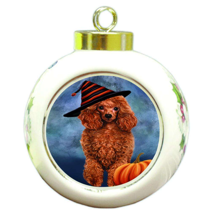 Happy Halloween Poodle Dog Wearing Witch Hat with Pumpkin Round Ball Christmas Ornament RBPOR54893