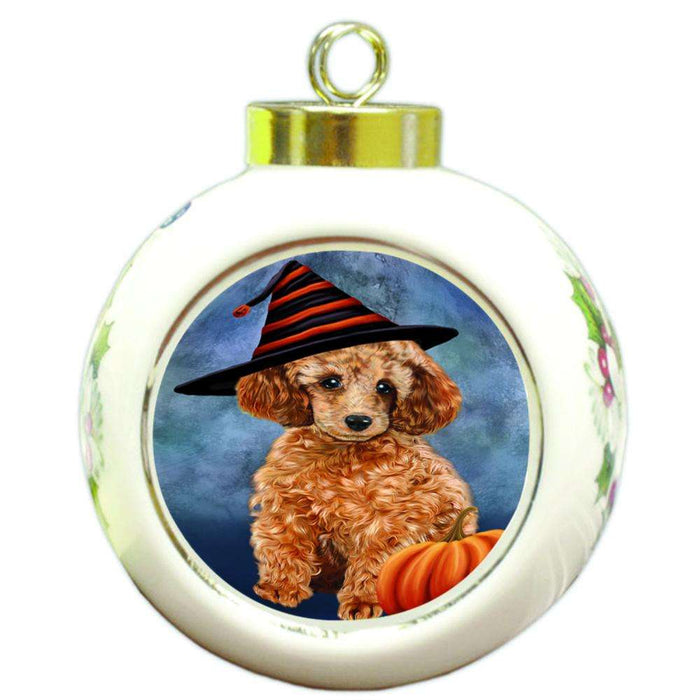 Happy Halloween Poodle Dog Wearing Witch Hat with Pumpkin Round Ball Christmas Ornament RBPOR54961