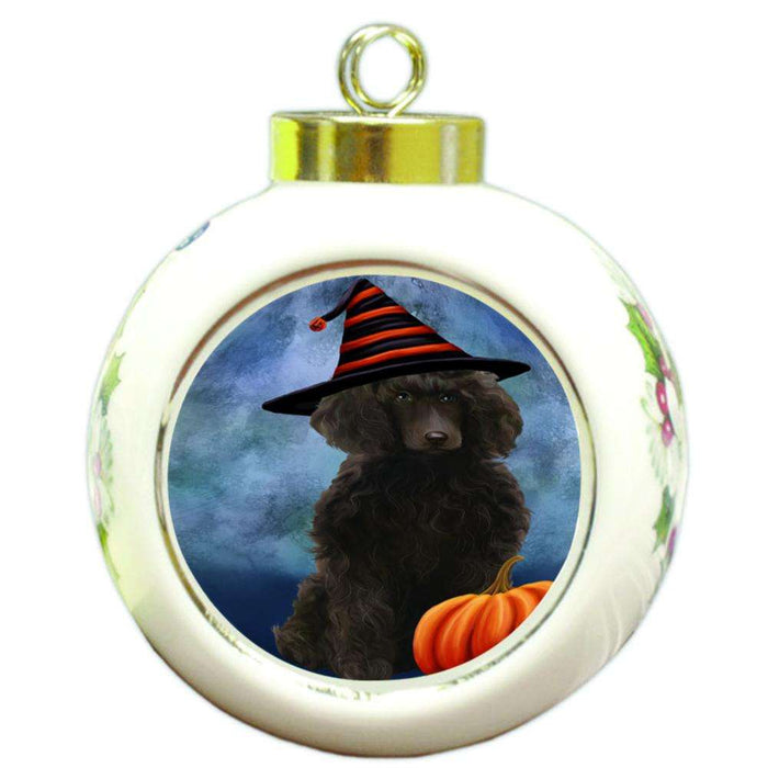 Happy Halloween Poodle Dog Wearing Witch Hat with Pumpkin Round Ball Christmas Ornament RBPOR54963