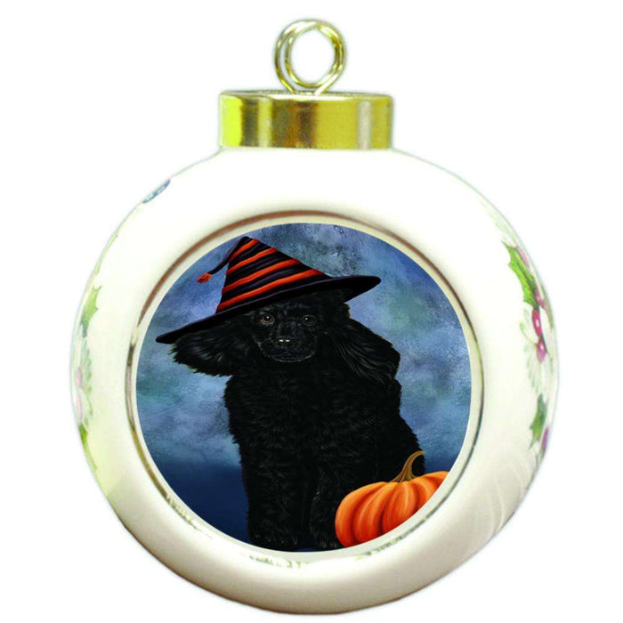 Happy Halloween Poodle Dog Wearing Witch Hat with Pumpkin Round Ball Christmas Ornament RBPOR54964