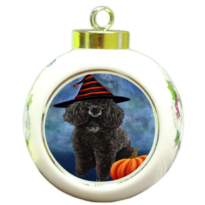 Happy Halloween Poodle Dog Wearing Witch Hat with Pumpkin Round Ball Christmas Ornament RBPOR54965