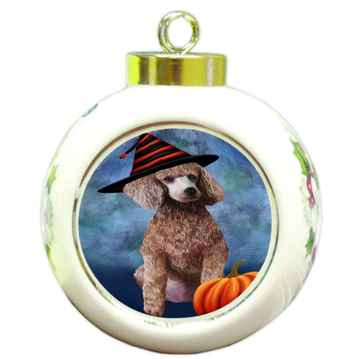 Happy Halloween Poodle Dog Wearing Witch Hat with Pumpkin Round Ball Christmas Ornament RBPOR54966