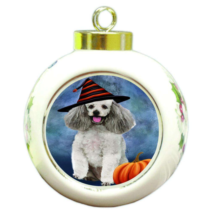 Happy Halloween Poodle Dog Wearing Witch Hat with Pumpkin Round Ball Christmas Ornament RBPOR54969