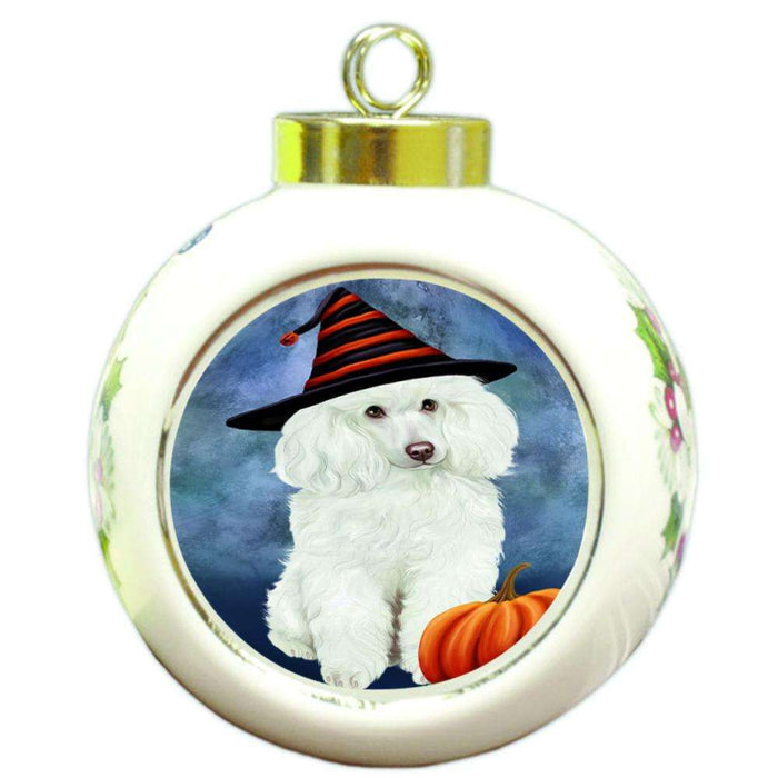 Happy Halloween Poodle Dog Wearing Witch Hat with Pumpkin Round Ball Christmas Ornament RBPOR54970