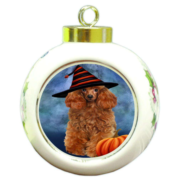 Happy Halloween Poodle Dog Wearing Witch Hat with Pumpkin Round Ball Christmas Ornament RBPOR54971