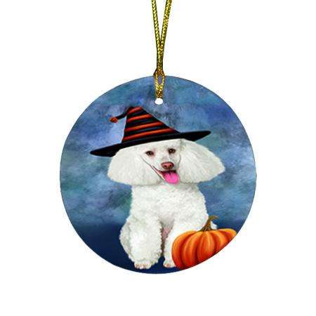 Happy Halloween Poodle Dog Wearing Witch Hat with Pumpkin Round Flat Christmas Ornament RFPOR54883