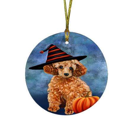 Happy Halloween Poodle Dog Wearing Witch Hat with Pumpkin Round Flat Christmas Ornament RFPOR54952