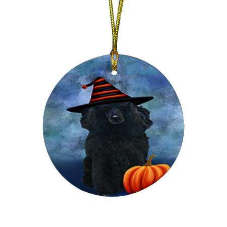 Happy Halloween Poodle Dog Wearing Witch Hat with Pumpkin Round Flat Christmas Ornament RFPOR54953