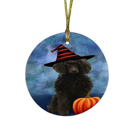 Happy Halloween Poodle Dog Wearing Witch Hat with Pumpkin Round Flat Christmas Ornament RFPOR54954