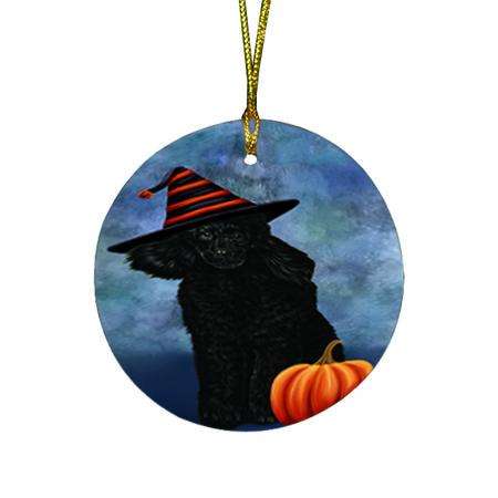 Happy Halloween Poodle Dog Wearing Witch Hat with Pumpkin Round Flat Christmas Ornament RFPOR54955