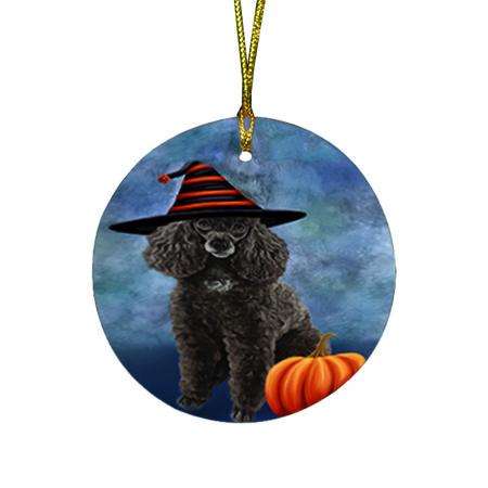 Happy Halloween Poodle Dog Wearing Witch Hat with Pumpkin Round Flat Christmas Ornament RFPOR54956