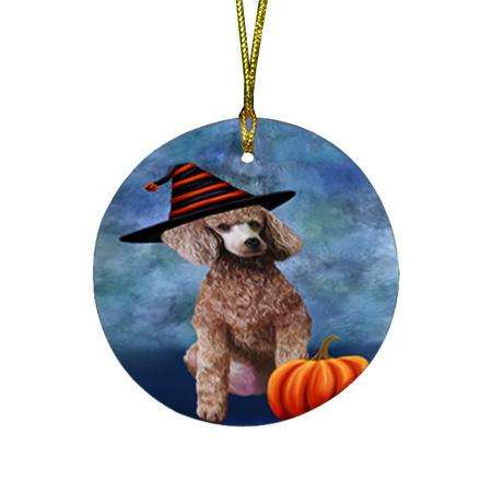 Happy Halloween Poodle Dog Wearing Witch Hat with Pumpkin Round Flat Christmas Ornament RFPOR54957