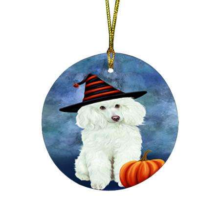Happy Halloween Poodle Dog Wearing Witch Hat with Pumpkin Round Flat Christmas Ornament RFPOR54961