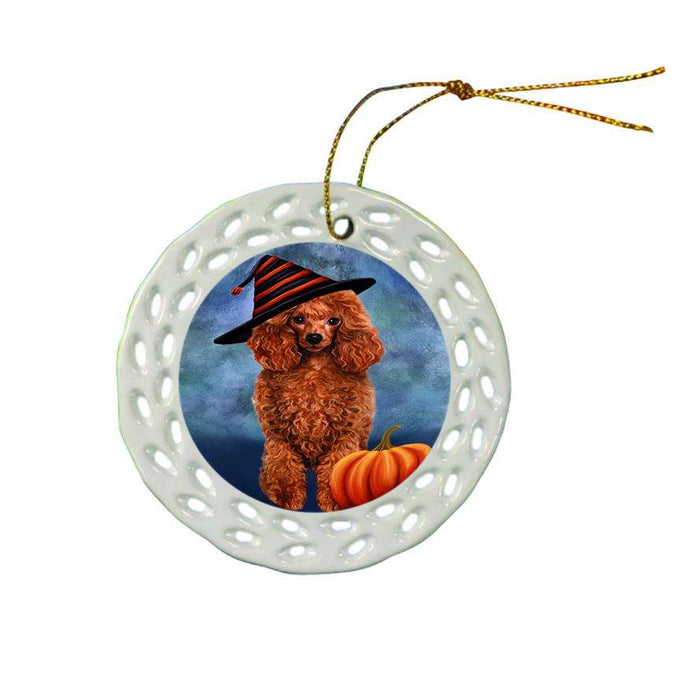 Happy Halloween Poodle Dog Wearing Witch Hat with Pumpkin Star Porcelain Ornament SPOR54884