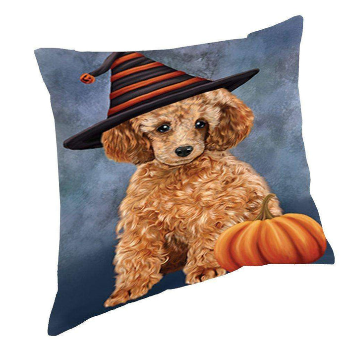 Happy Halloween Poodle Dog Wearing Witch Hat with Pumpkin Throw Pillow D099