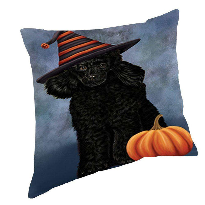 Happy Halloween Poodle Dog Wearing Witch Hat with Pumpkin Throw Pillow D101