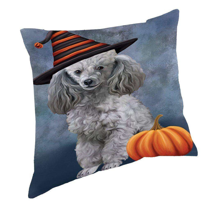 Happy Halloween Poodle Dog Wearing Witch Hat with Pumpkin Throw Pillow