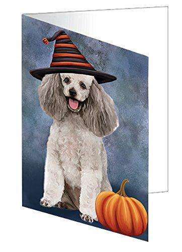 Happy Halloween Poodle Grey Dog Wearing Witch Hat with Pumpkin Handmade Artwork Assorted Pets Greeting Cards and Note Cards with Envelopes for All Occasions and Holiday Seasons D039