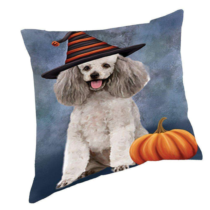 Happy Halloween Poodle Grey Dog Wearing Witch Hat with Pumpkin Throw Pillow D112