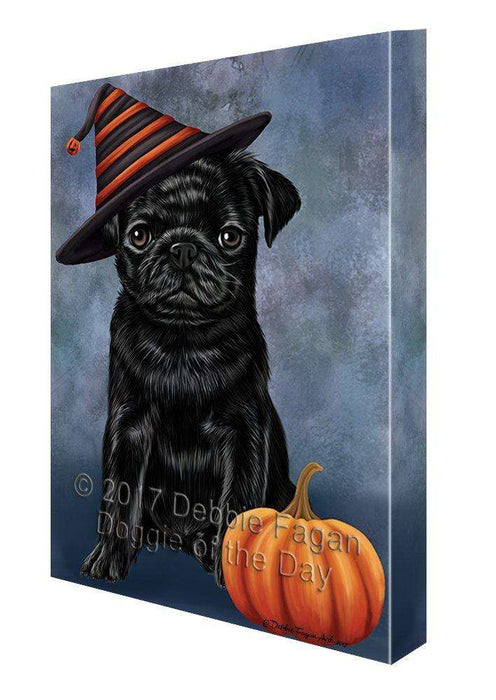 Happy Halloween Pug Dog Wearing Witch Hat with Pumpkin Canvas Wall Art