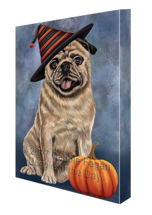 Happy Halloween Pug Dog Wearing Witch Hat with Pumpkin Canvas Wall Art