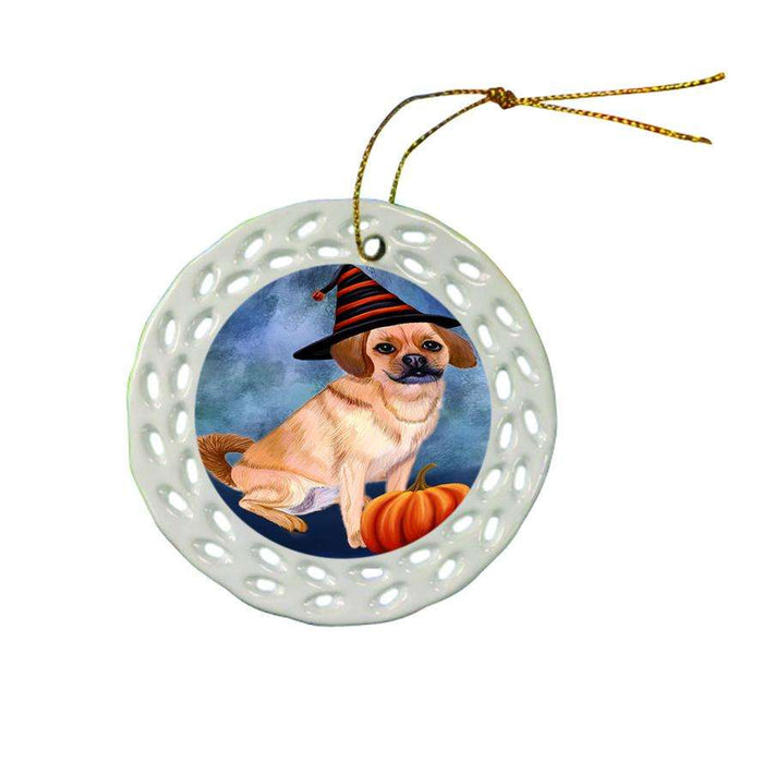Happy Halloween Puggle Dog Wearing Witch Hat with Pumpkin Ceramic Doily Ornament DPOR54972