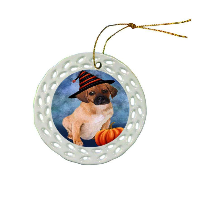 Happy Halloween Puggle Dog Wearing Witch Hat with Pumpkin Ceramic Doily Ornament DPOR54973