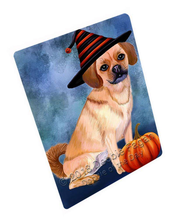 Happy Halloween Puggle Dog Wearing Witch Hat with Pumpkin Cutting Board C69360