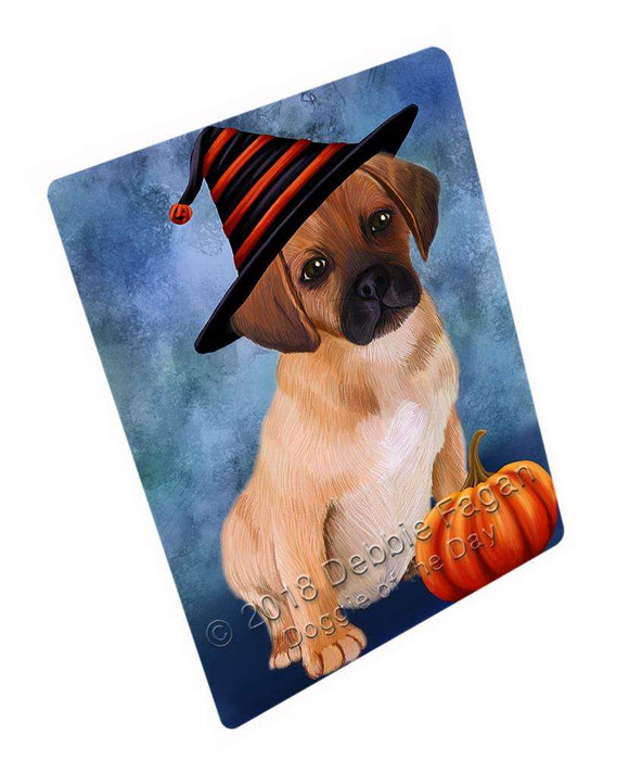 Happy Halloween Puggle Dog Wearing Witch Hat with Pumpkin Cutting Board C69363