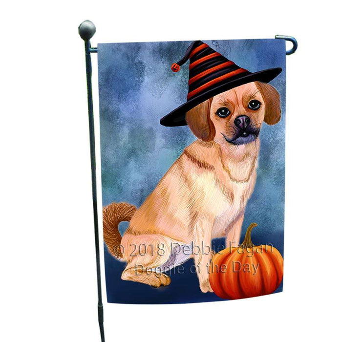 Happy Halloween Puggle Dog Wearing Witch Hat with Pumpkin Garden Flag GFLG55034