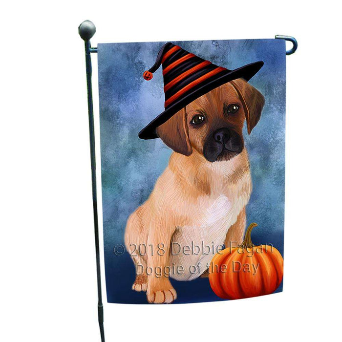 Happy Halloween Puggle Dog Wearing Witch Hat with Pumpkin Garden Flag GFLG55035