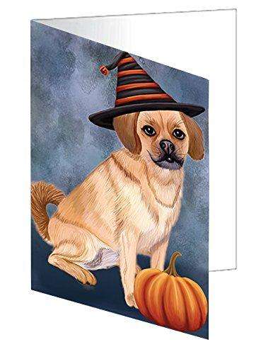 Happy Halloween Puggle Dog Wearing Witch Hat with Pumpkin Handmade Artwork Assorted Pets Greeting Cards and Note Cards with Envelopes for All Occasions and Holiday Seasons D049