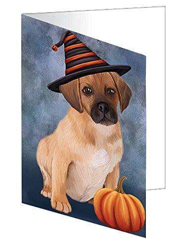 Happy Halloween Puggle Dog Wearing Witch Hat with Pumpkin Handmade Artwork Assorted Pets Greeting Cards and Note Cards with Envelopes for All Occasions and Holiday Seasons D051