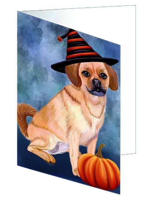 Happy Halloween Puggle Dog Wearing Witch Hat with Pumpkin Handmade Artwork Assorted Pets Greeting Cards and Note Cards with Envelopes for All Occasions and Holiday Seasons GCD68738
