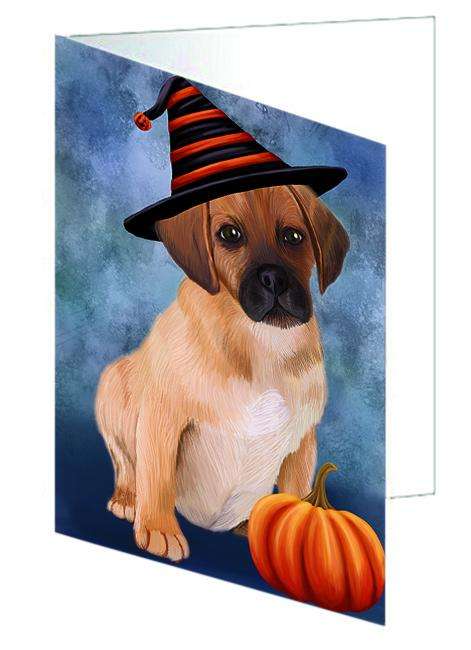 Happy Halloween Puggle Dog Wearing Witch Hat with Pumpkin Handmade Artwork Assorted Pets Greeting Cards and Note Cards with Envelopes for All Occasions and Holiday Seasons GCD68741