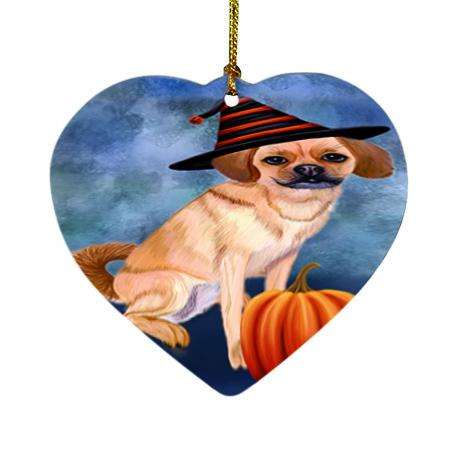 Happy Halloween Puggle Dog Wearing Witch Hat with Pumpkin Heart Christmas Ornament HPOR54972