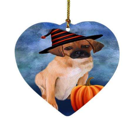 Happy Halloween Puggle Dog Wearing Witch Hat with Pumpkin Heart Christmas Ornament HPOR54973