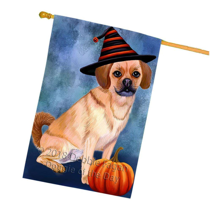 Happy Halloween Puggle Dog Wearing Witch Hat with Pumpkin House Flag FLG55170