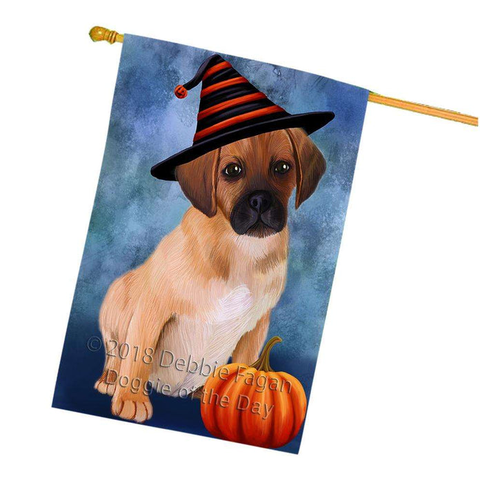 Happy Halloween Puggle Dog Wearing Witch Hat with Pumpkin House Flag FLG55171