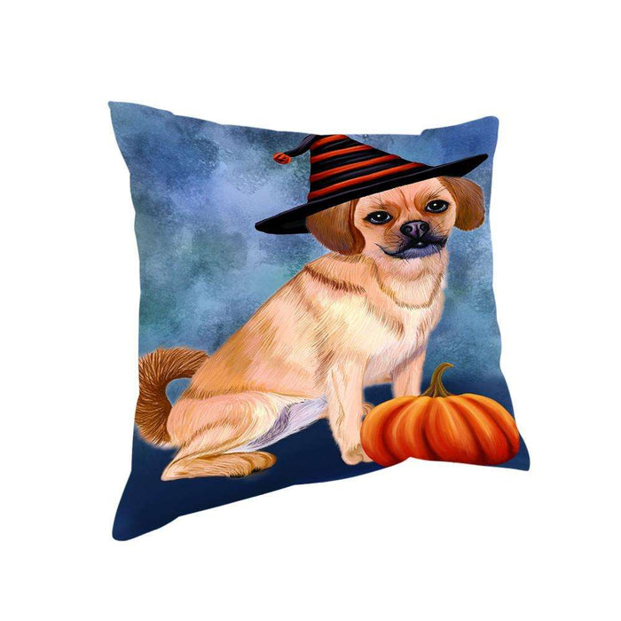 Happy Halloween Puggle Dog Wearing Witch Hat with Pumpkin Pillow PIL76236
