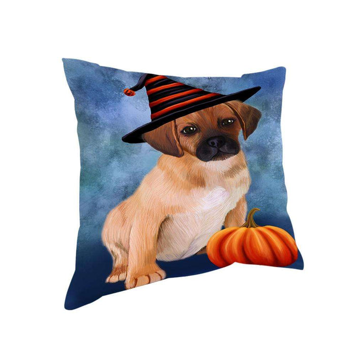 Happy Halloween Puggle Dog Wearing Witch Hat with Pumpkin Pillow PIL76240
