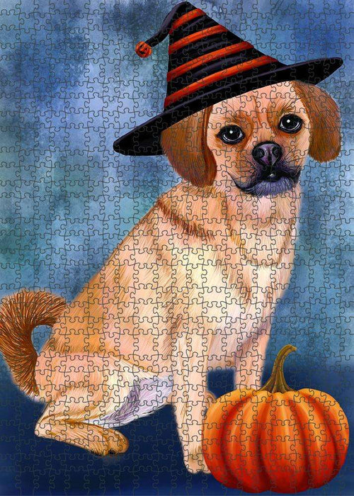 Happy Halloween Puggle Dog Wearing Witch Hat with Pumpkin Puzzle with Photo Tin PUZL87044