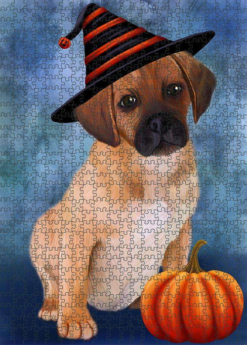 Happy Halloween Puggle Dog Wearing Witch Hat with Pumpkin Puzzle with Photo Tin PUZL87048