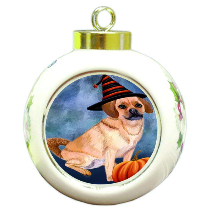 Happy Halloween Puggle Dog Wearing Witch Hat with Pumpkin Round Ball Christmas Ornament RBPOR54972
