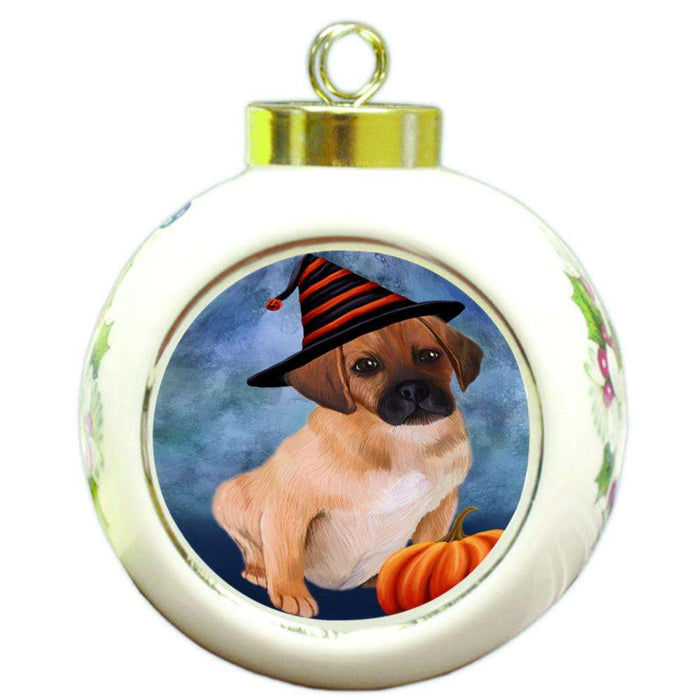 Happy Halloween Puggle Dog Wearing Witch Hat with Pumpkin Round Ball Christmas Ornament RBPOR54973